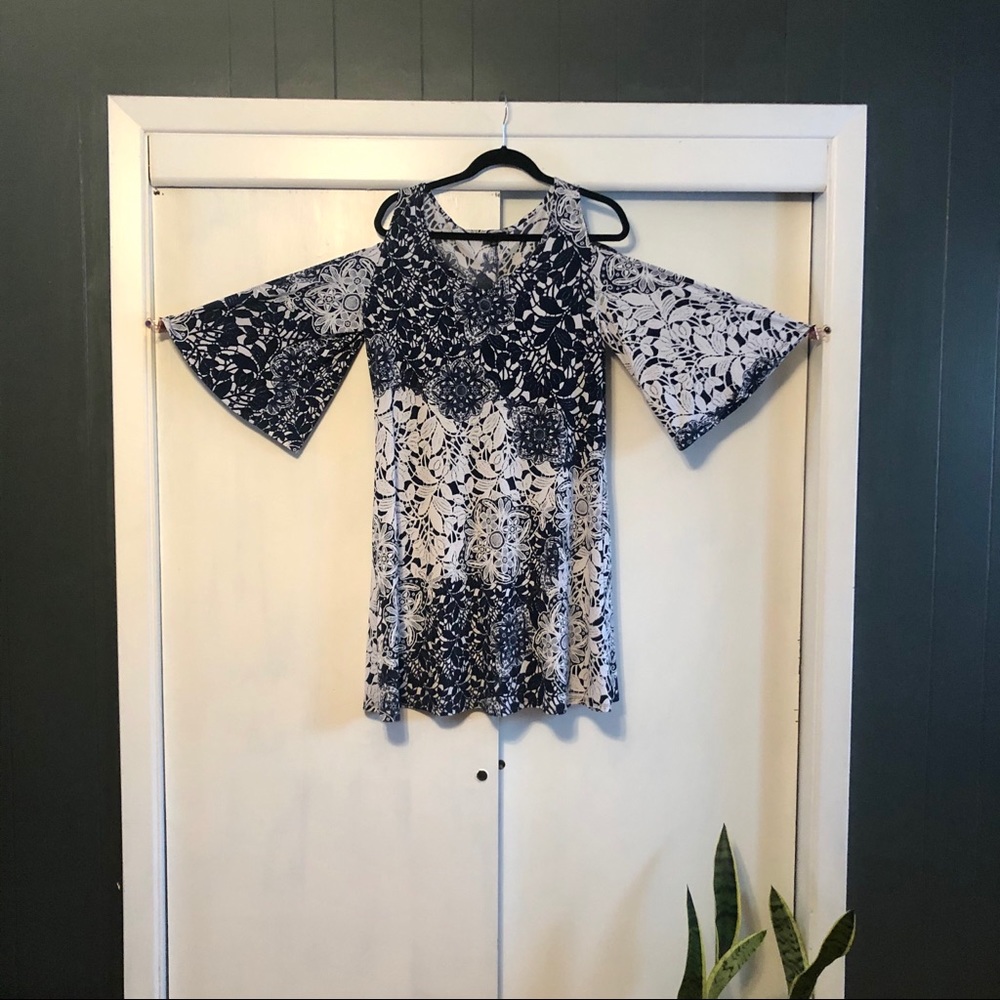 MSK dress in a blue and white lace design